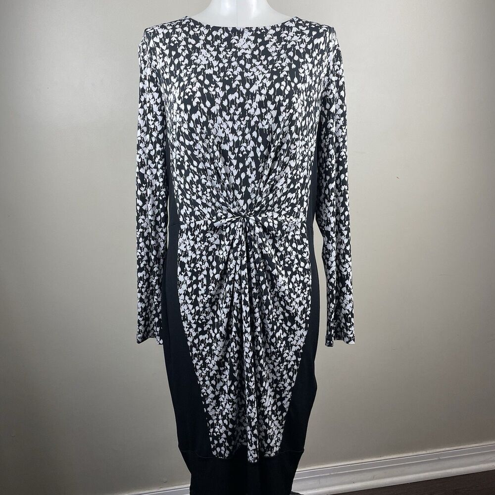 Brooks Brothers Size 12 Black Floral Sheath Midi Dress Ruched Career Stretch